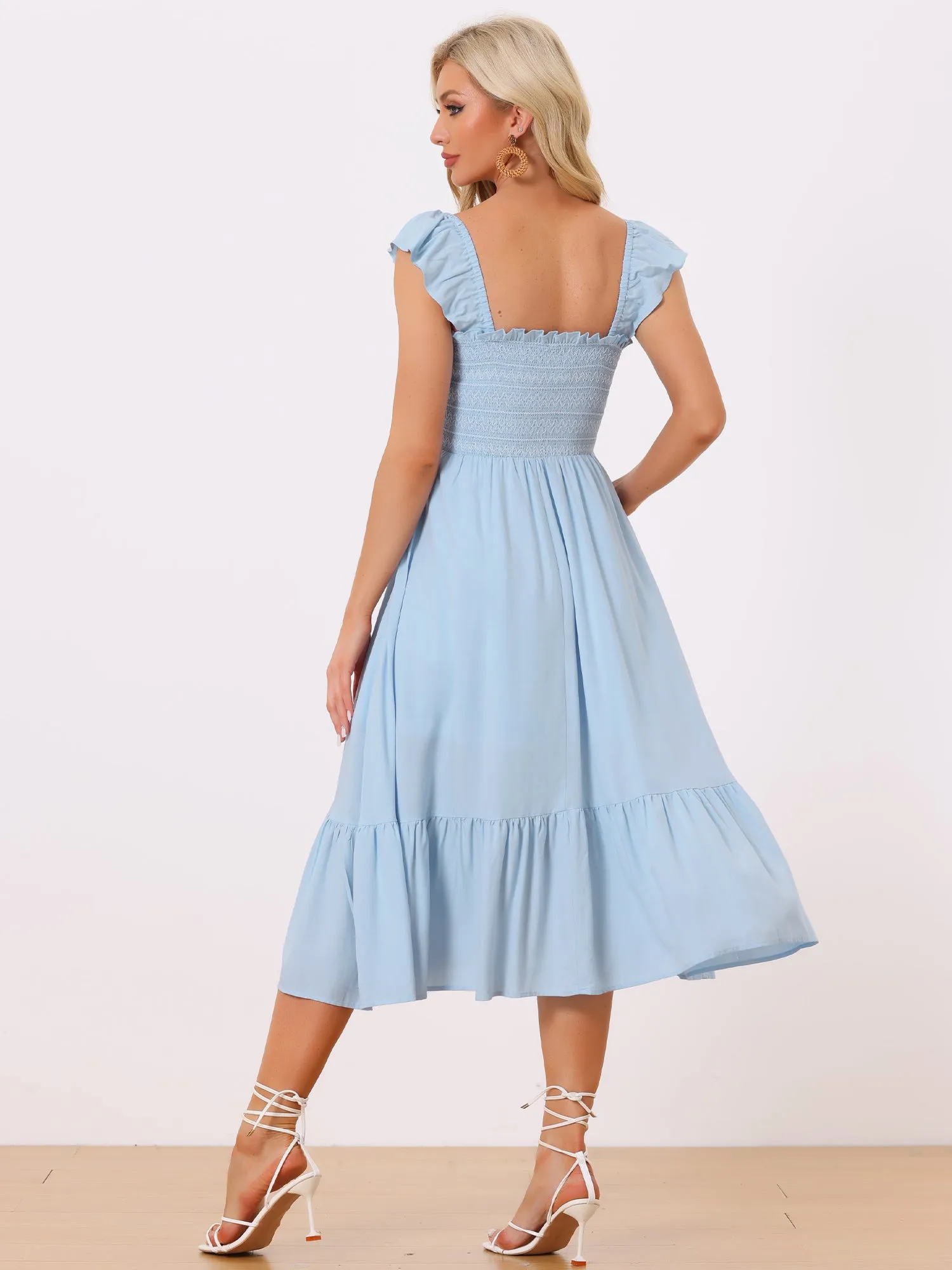 Boho Square Neck Ruffle Tiered Flowy Smocked Midi Dress Sundress