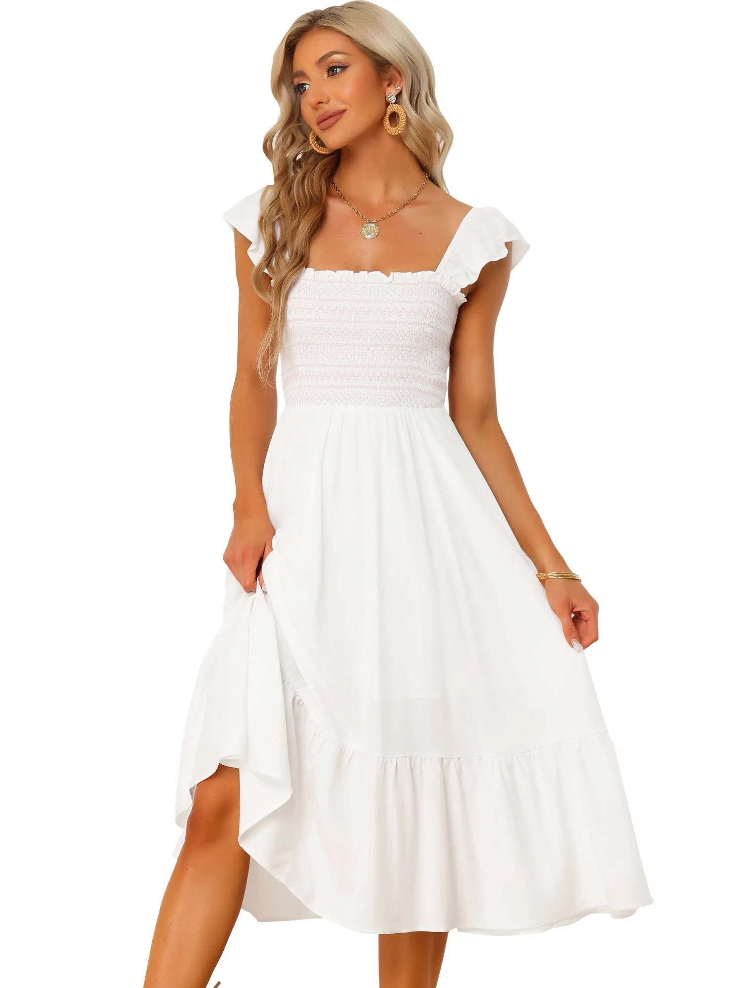 Boho Square Neck Ruffle Tiered Flowy Smocked Midi Dress Sundress