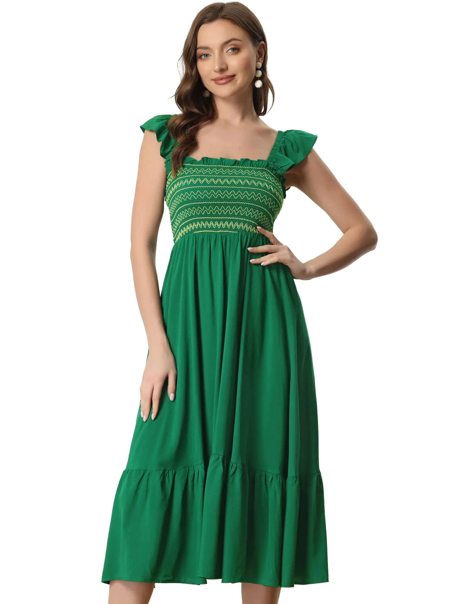 Boho Square Neck Ruffle Tiered Flowy Smocked Midi Dress Sundress