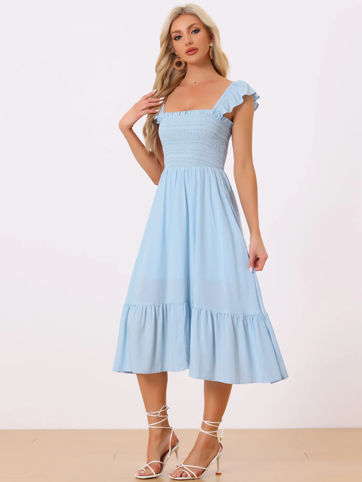 Boho Square Neck Ruffle Tiered Flowy Smocked Midi Dress Sundress