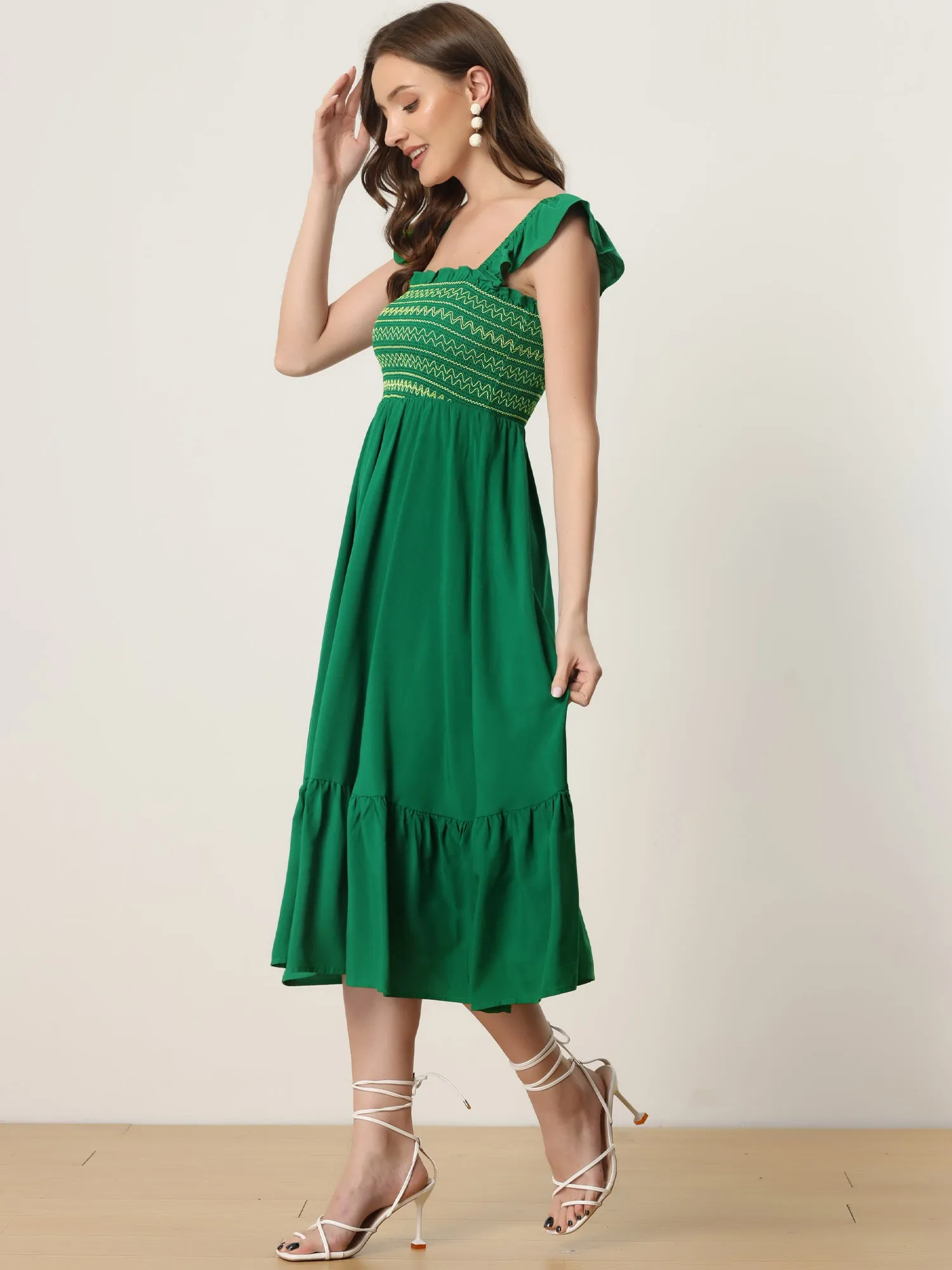 Boho Square Neck Ruffle Tiered Flowy Smocked Midi Dress Sundress