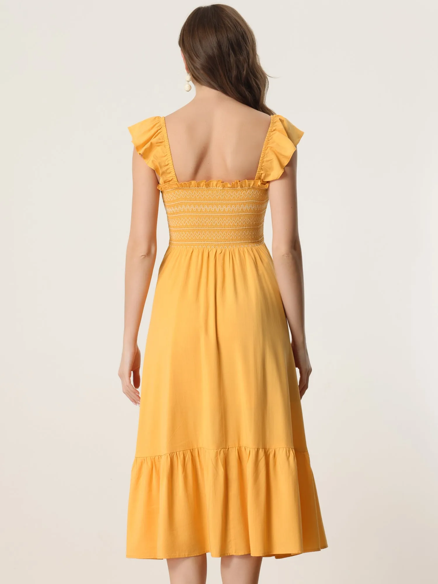 Boho Square Neck Ruffle Tiered Flowy Smocked Midi Dress Sundress