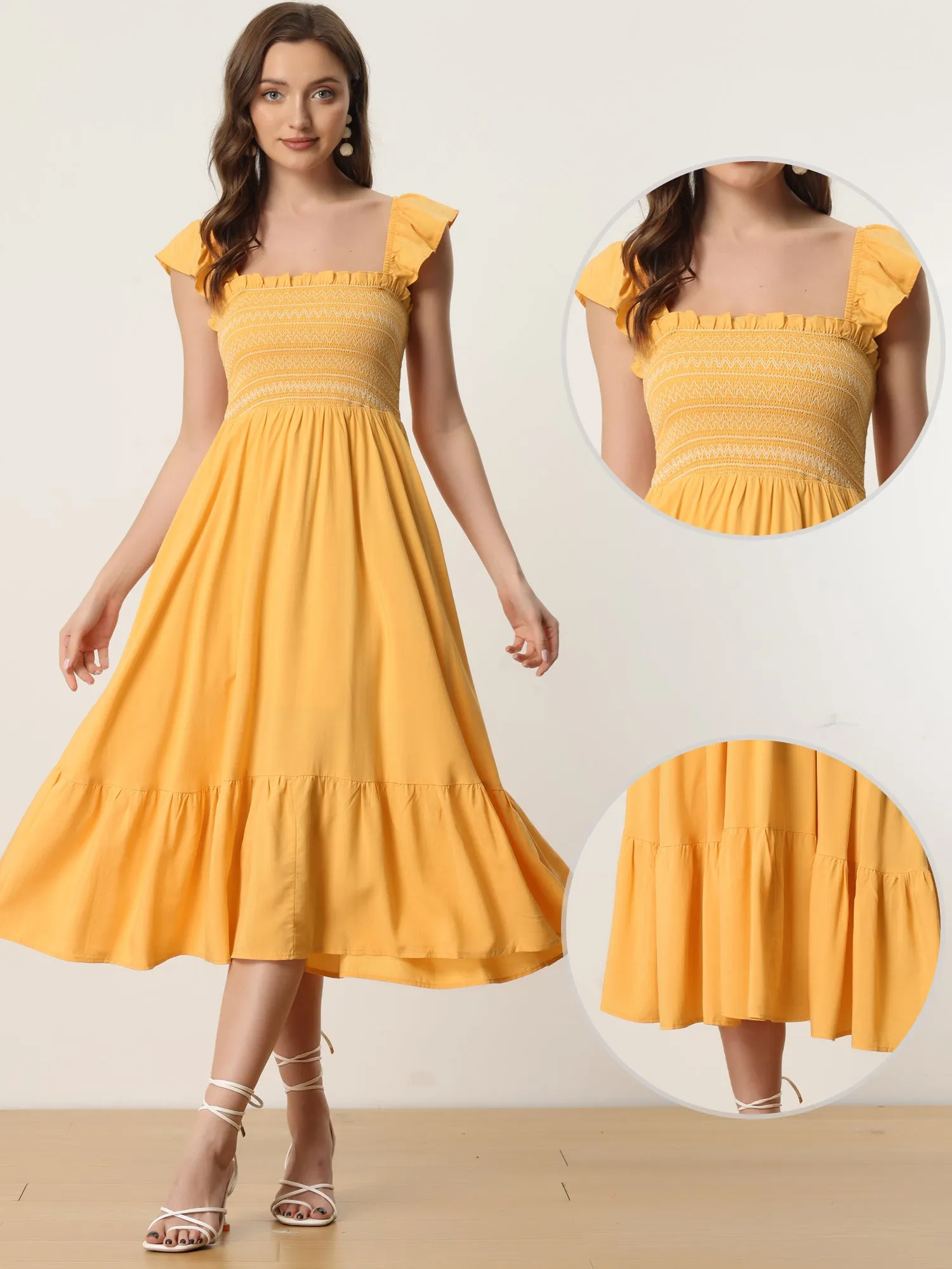 Boho Square Neck Ruffle Tiered Flowy Smocked Midi Dress Sundress