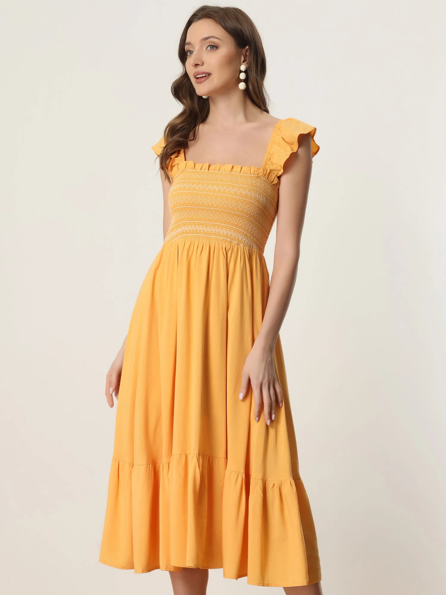 Boho Square Neck Ruffle Tiered Flowy Smocked Midi Dress Sundress