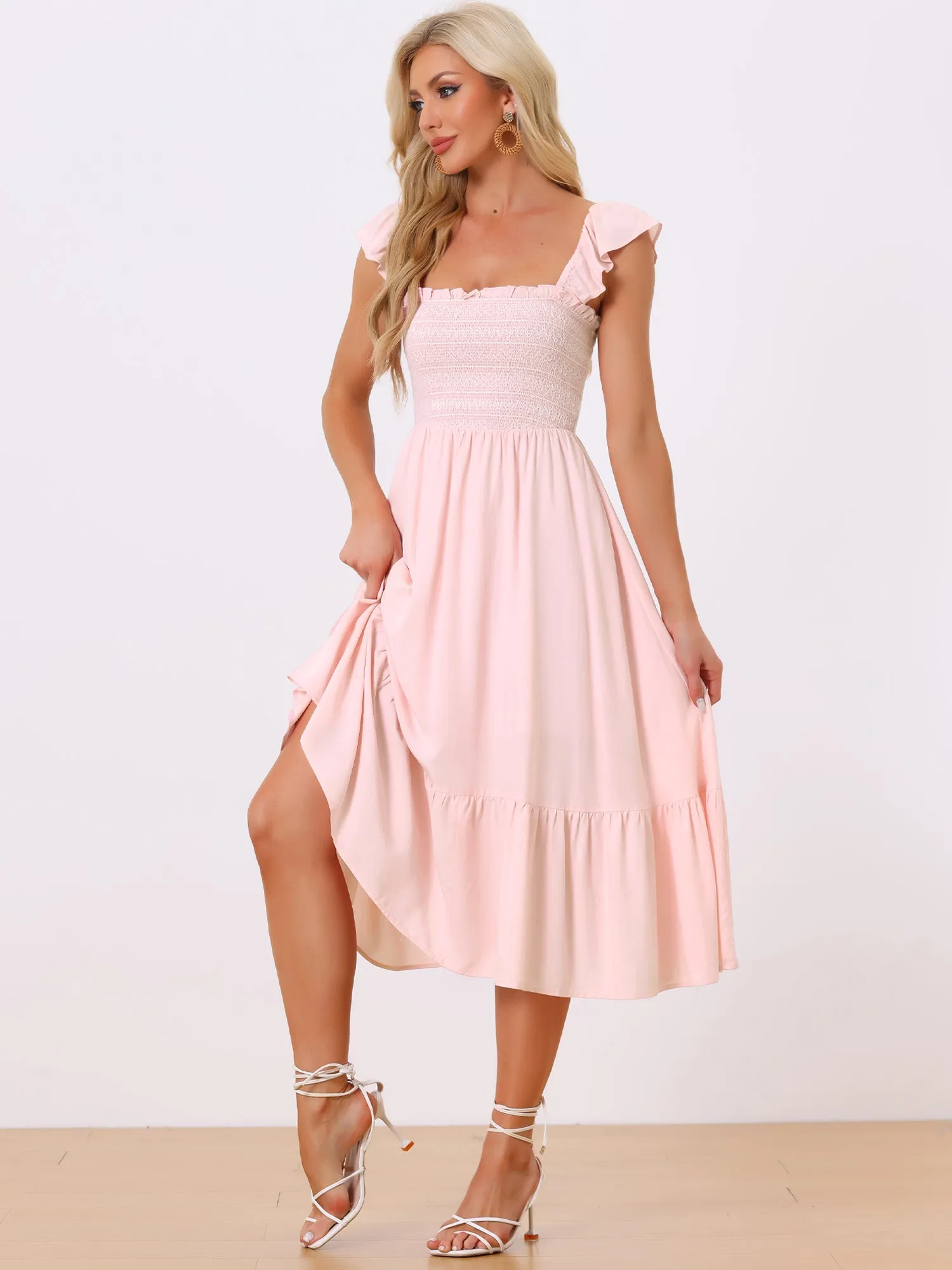 Boho Square Neck Ruffle Tiered Flowy Smocked Midi Dress Sundress