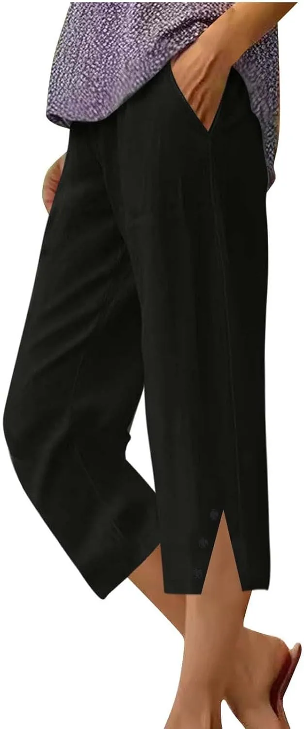 Capri Pants for Women Straight Wide Leg Linen Trousers Casual Lightweight Summer Clothing with Pockets