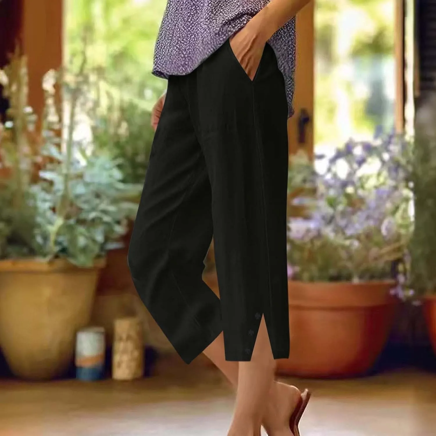 Capri Pants for Women Straight Wide Leg Linen Trousers Casual Lightweight Summer Clothing with Pockets