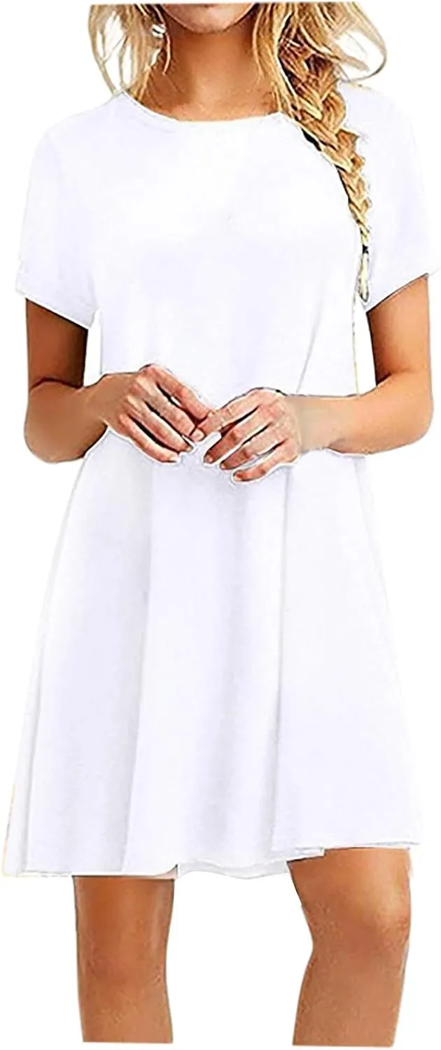 Casual Dresses for Women Crewneck Short Sleeve A Line Tshirt Dress Loose Elegant Solid Mini Dress Summer Dresses