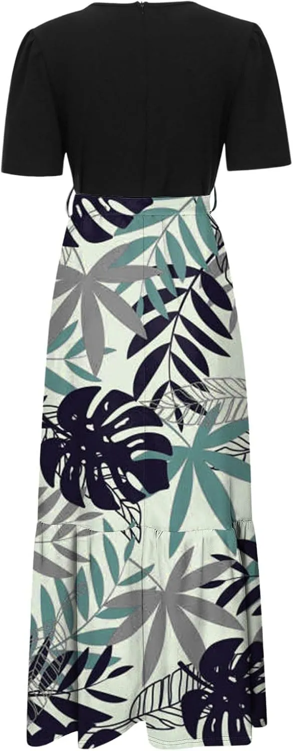 Casual Maxi Dresses for Women 2025 Tie Belted Patchwork Ruffle Hem A Line Boho Dress Short Sleeve Flowy Long Dress
