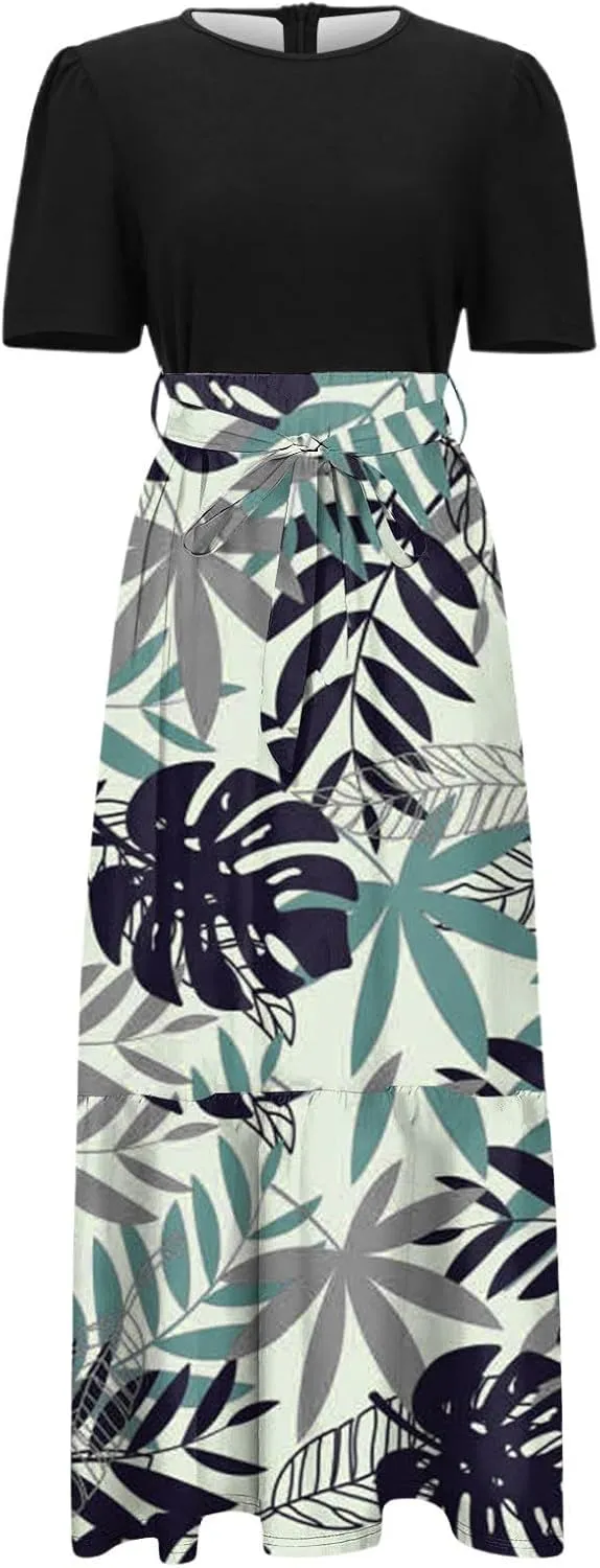 Casual Maxi Dresses for Women 2025 Tie Belted Patchwork Ruffle Hem A Line Boho Dress Short Sleeve Flowy Long Dress