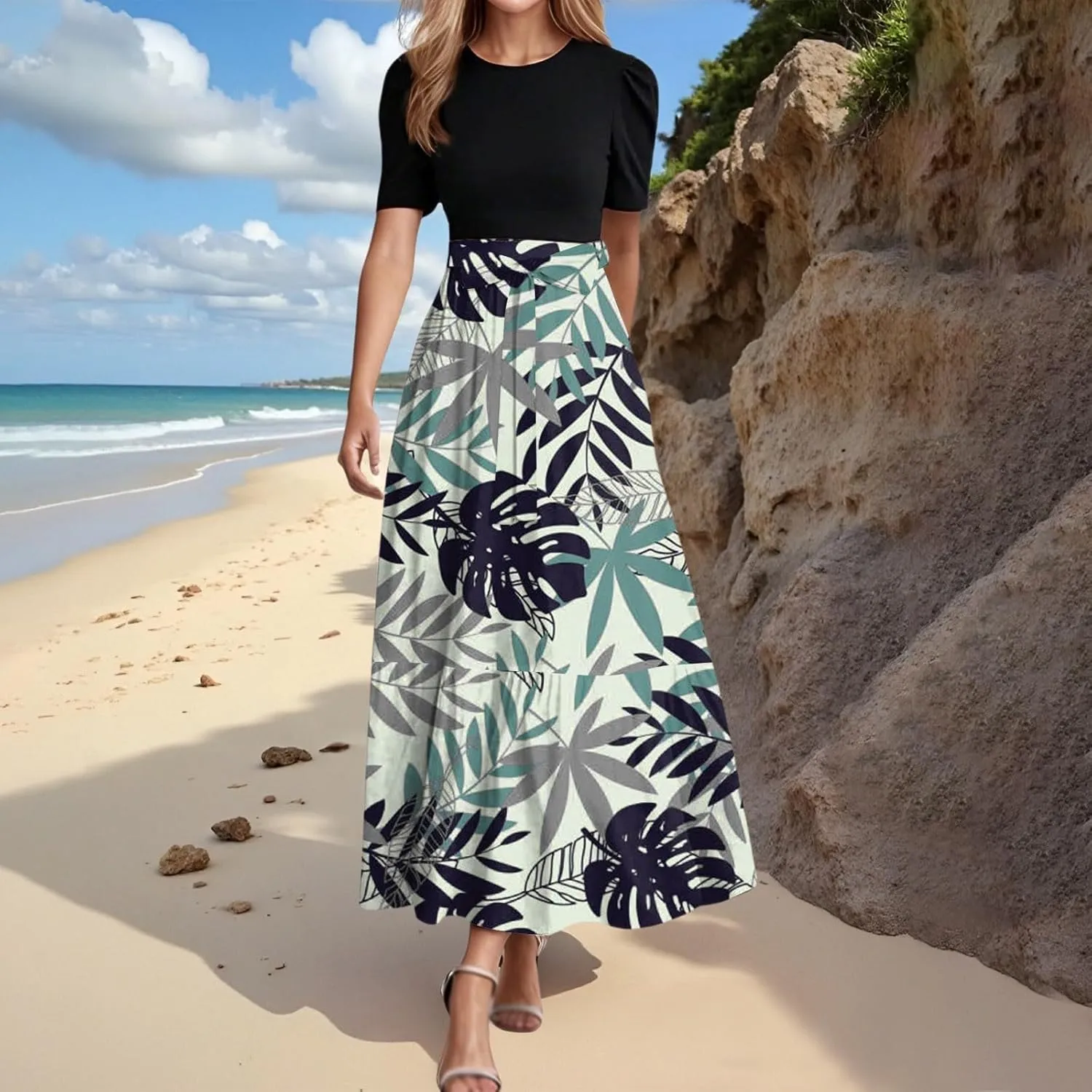 Casual Maxi Dresses for Women 2025 Tie Belted Patchwork Ruffle Hem A Line Boho Dress Short Sleeve Flowy Long Dress