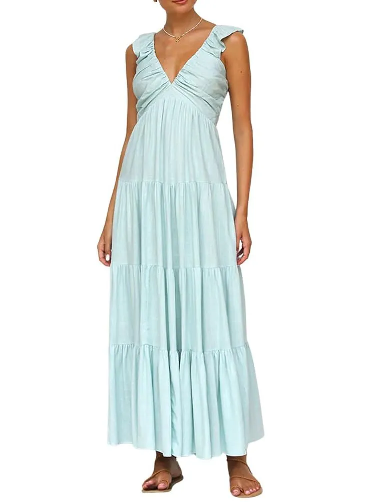 Chouyatou Women's Summer Spaghetti Strap Maxi Dress Sexy V-Neck Shirred Tiered Tunic Beach Dress