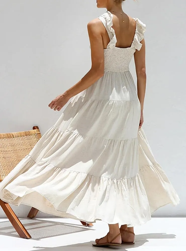 Chouyatou Women's Summer Spaghetti Strap Maxi Dress Sexy V-Neck Shirred Tiered Tunic Beach Dress