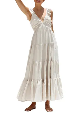 Chouyatou Women's Summer Spaghetti Strap Maxi Dress Sexy V-Neck Shirred Tiered Tunic Beach Dress