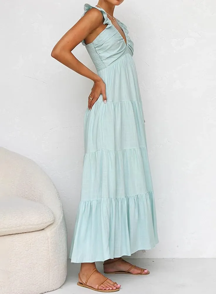 Chouyatou Women's Summer Spaghetti Strap Maxi Dress Sexy V-Neck Shirred Tiered Tunic Beach Dress