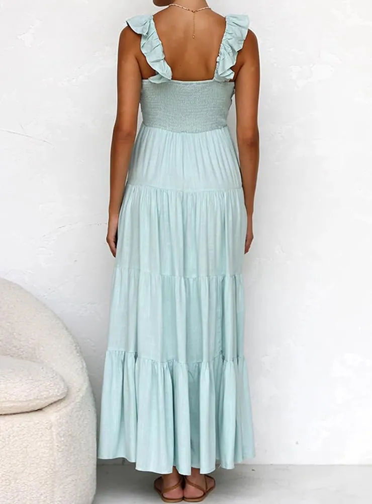 Chouyatou Women's Summer Spaghetti Strap Maxi Dress Sexy V-Neck Shirred Tiered Tunic Beach Dress