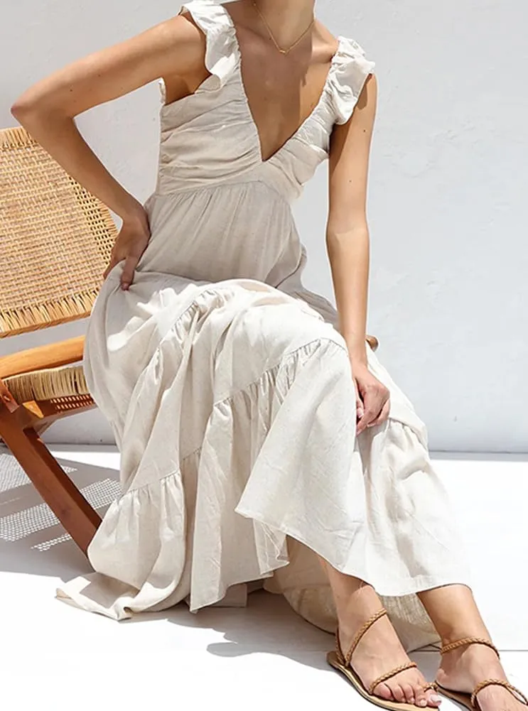 Chouyatou Women's Summer Spaghetti Strap Maxi Dress Sexy V-Neck Shirred Tiered Tunic Beach Dress