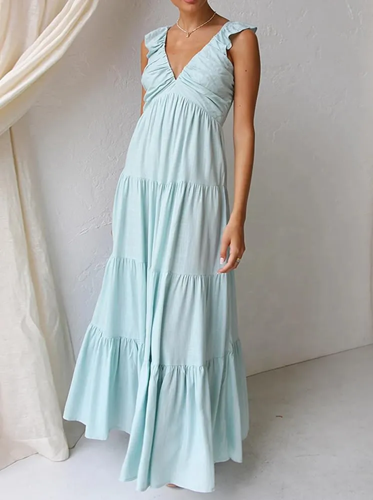 Chouyatou Women's Summer Spaghetti Strap Maxi Dress Sexy V-Neck Shirred Tiered Tunic Beach Dress
