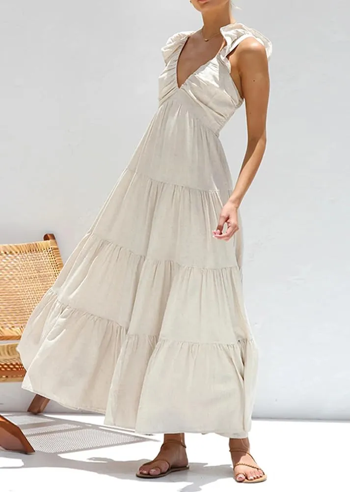 Chouyatou Women's Summer Spaghetti Strap Maxi Dress Sexy V-Neck Shirred Tiered Tunic Beach Dress