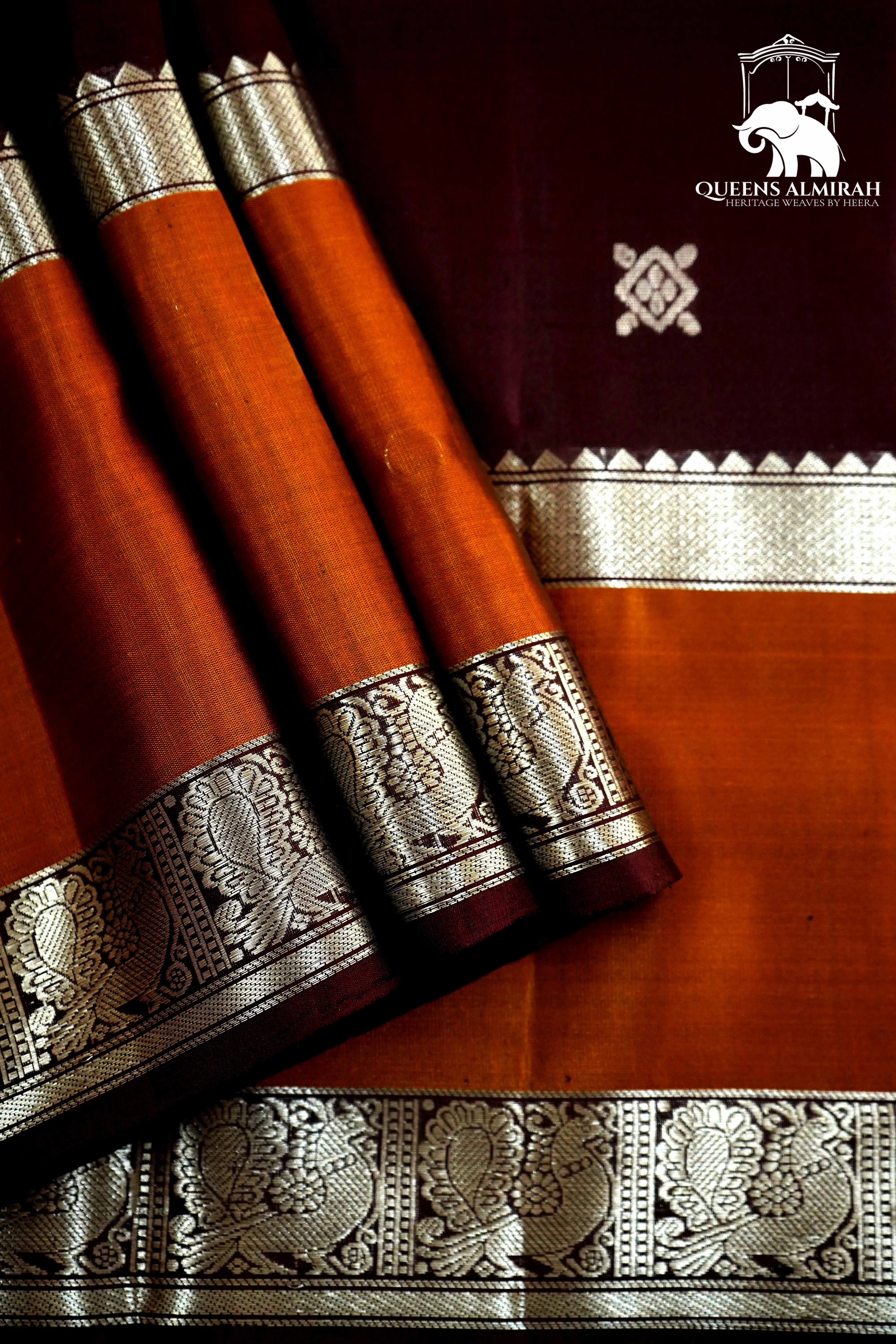 COFFEE BEAN BROWN WITH FIERY ORANGE SOFT SILK SAREE