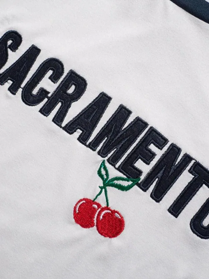 Contrast Color Letter Cherry Embroidered Print Long Sleeve Tee