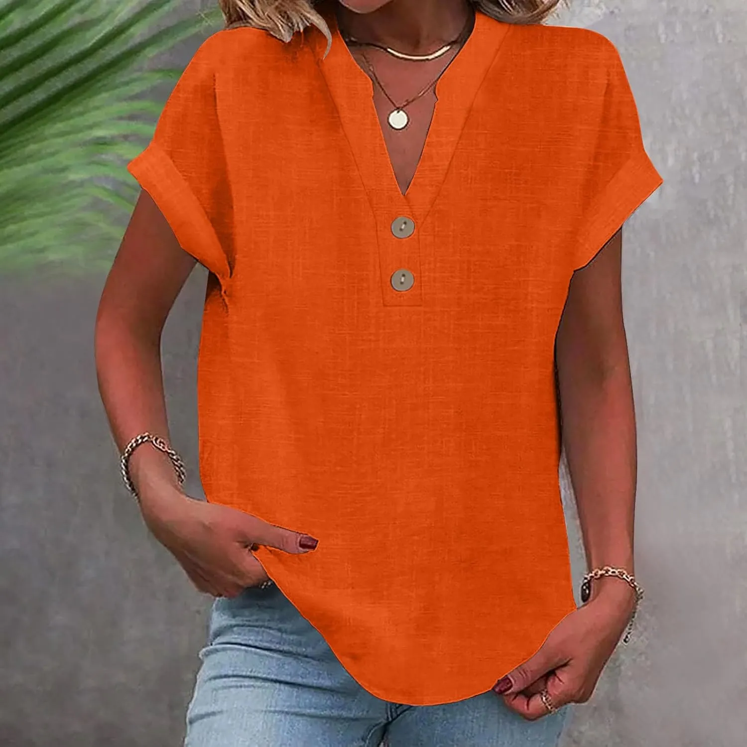 Cotton Linen for Women V Neck Button Down Tops Short Sleeve Basic Tee Summer Tops Casual Loose Solid Shirt Plus Size