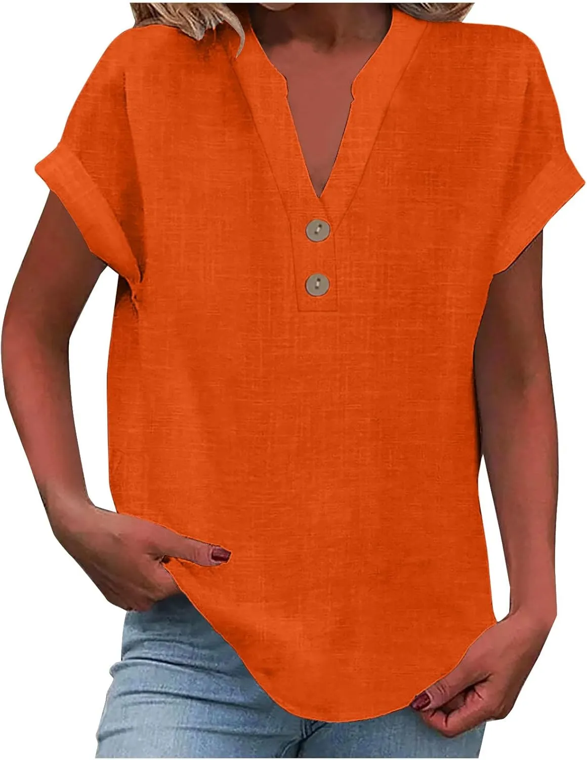 Cotton Linen for Women V Neck Button Down Tops Short Sleeve Basic Tee Summer Tops Casual Loose Solid Shirt Plus Size