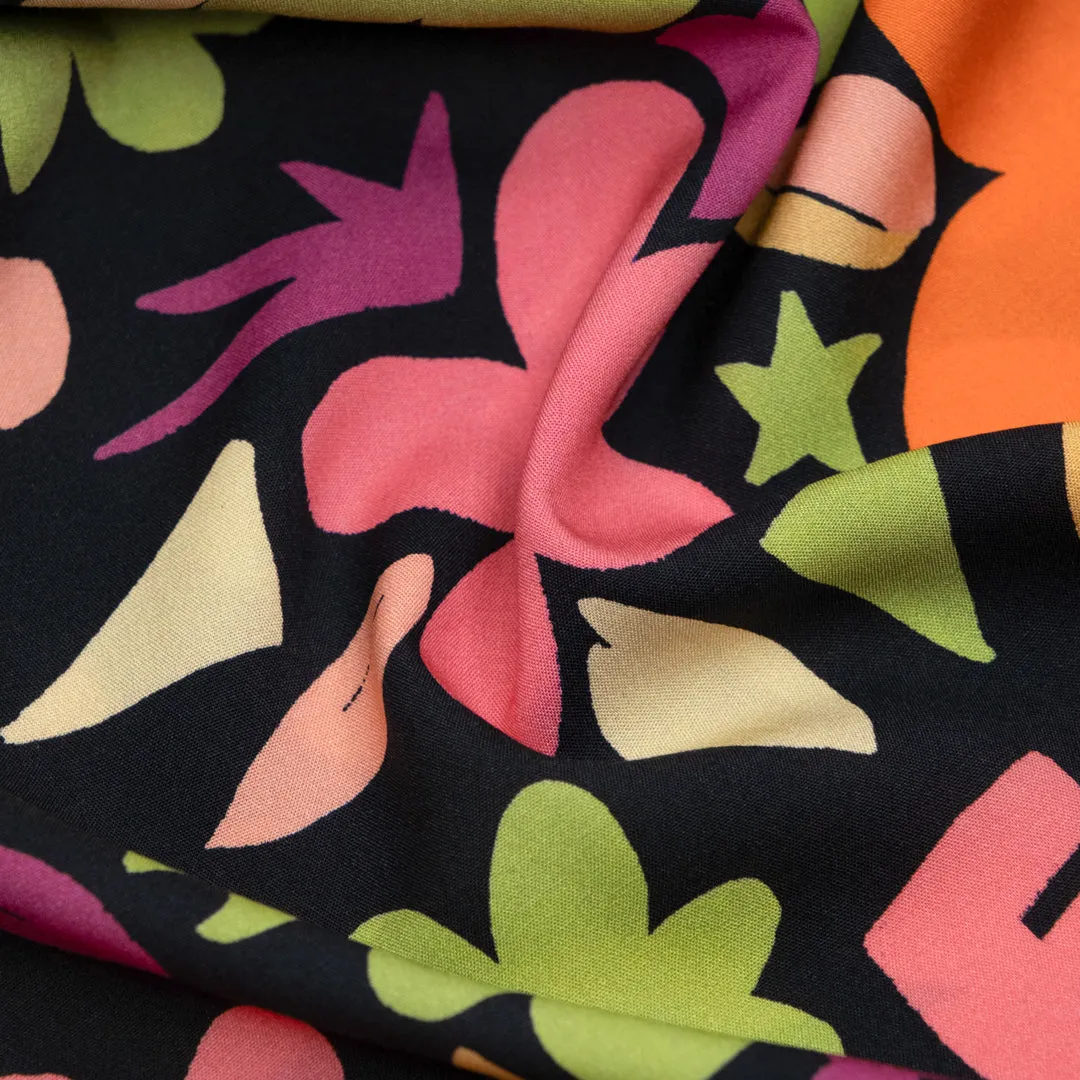 Deadstock Reading Garden Viscose Challis - Black/Orange/Multi