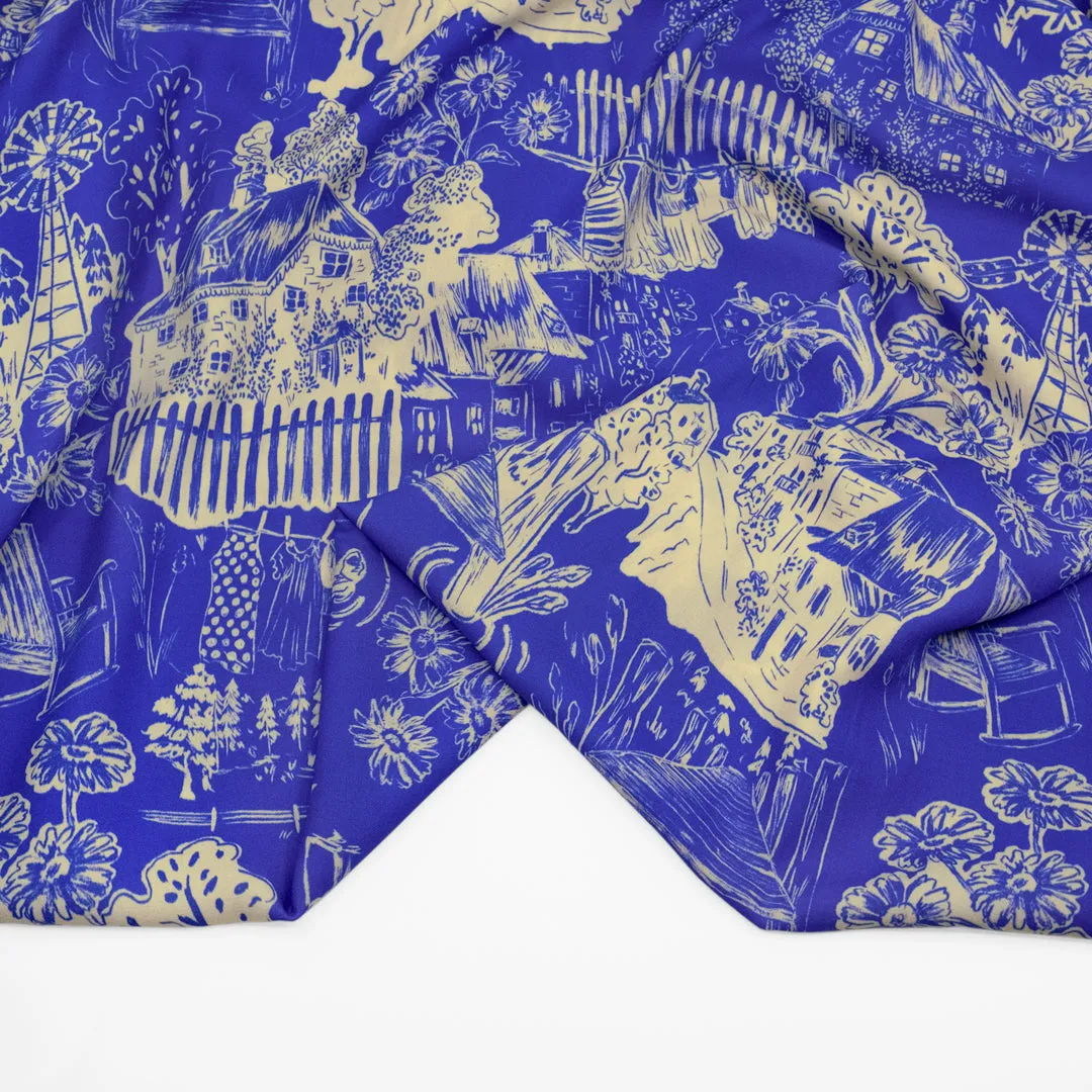 Deadstock Scenic Route Lightweight Viscose Challis - Azure/Buttermilk