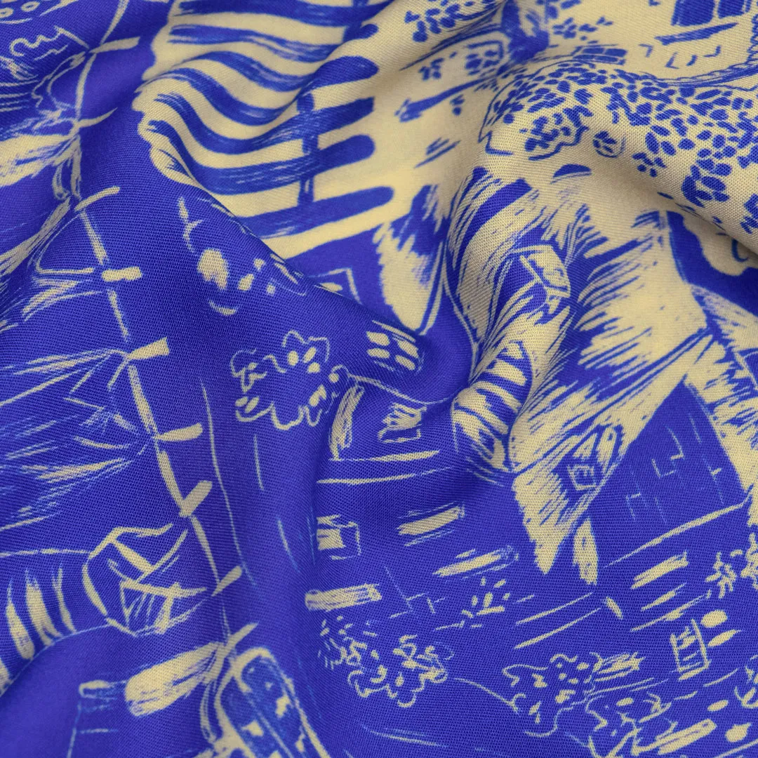 Deadstock Scenic Route Lightweight Viscose Challis - Azure/Buttermilk