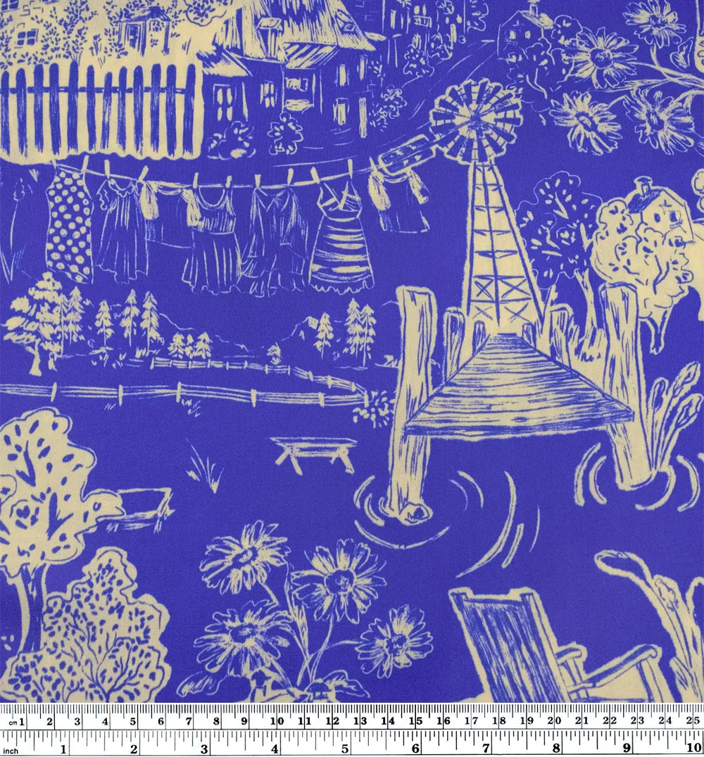 Deadstock Scenic Route Lightweight Viscose Challis - Azure/Buttermilk