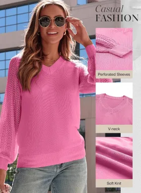 Dokotoo Women's Casual V-Neck Long Sleeve Sweaters Solid Color Pullover Knit Sweater Jumper Tops