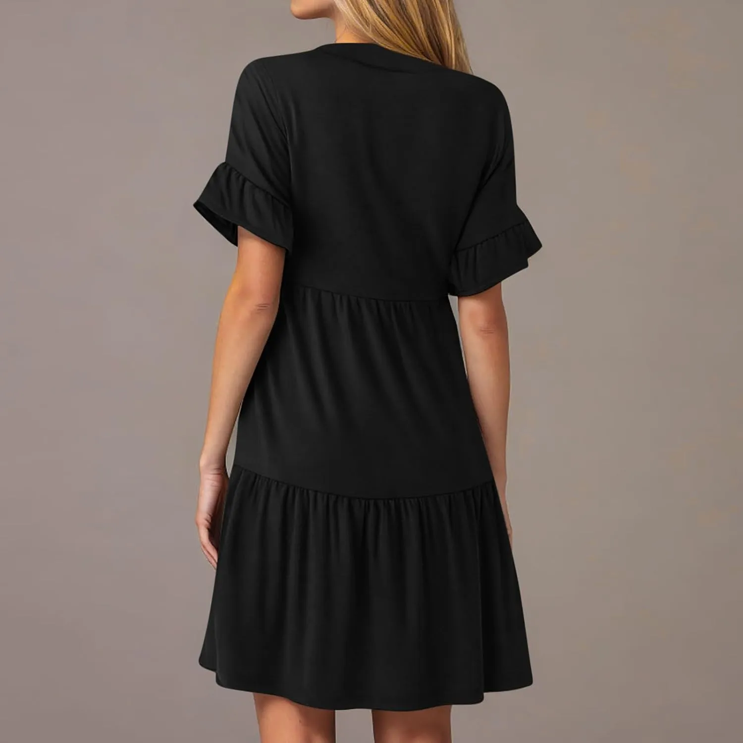 Dresses for Women Summer 2025 Ruffle Hem Flowy A-Line Dress Casual Trendy Babydoll Tiered Mini Dress with Pockets