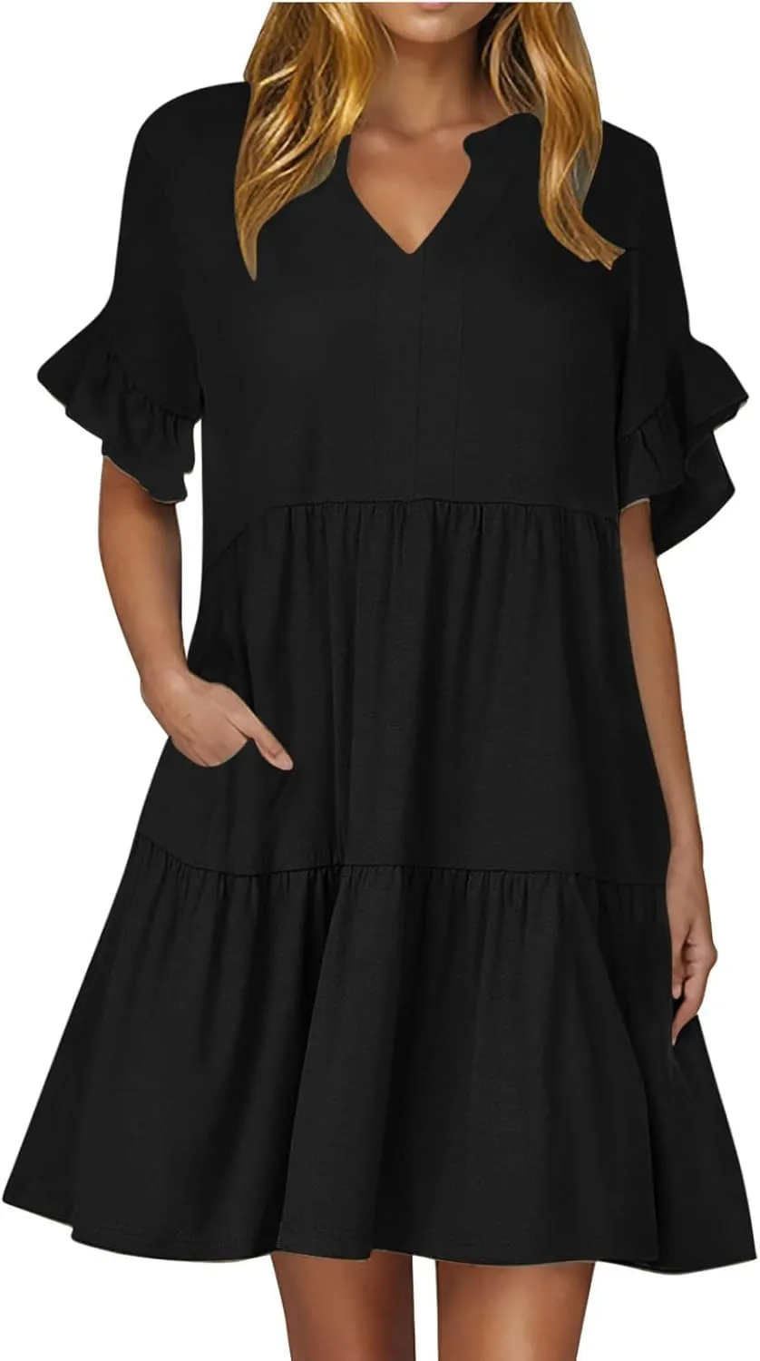 Dresses for Women Summer 2025 Ruffle Hem Flowy A-Line Dress Casual Trendy Babydoll Tiered Mini Dress with Pockets