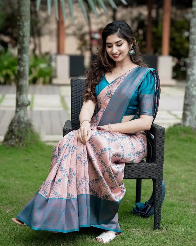 Excellent Peach Soft Silk Saree With Assemblage Blouse Piece