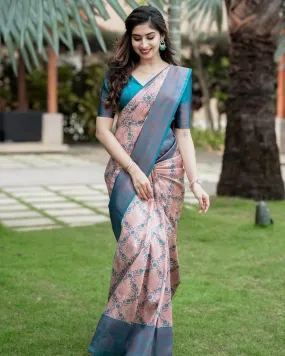 Excellent Peach Soft Silk Saree With Assemblage Blouse Piece