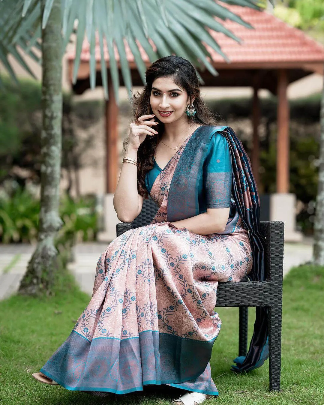 Excellent Peach Soft Silk Saree With Assemblage Blouse Piece