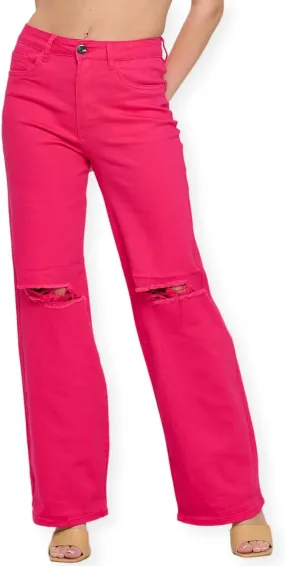 FASHION-LAND High Waisted-Rise Colored Jeans Ripped Destroyed Distressed Stretchy