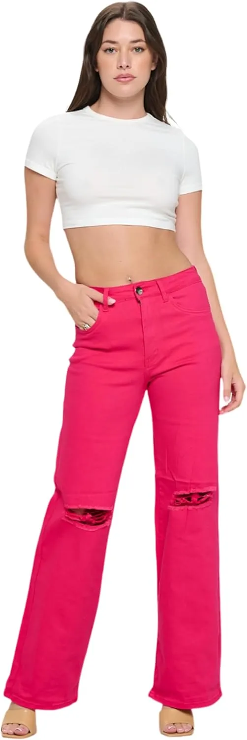 FASHION-LAND High Waisted-Rise Colored Jeans Ripped Destroyed Distressed Stretchy