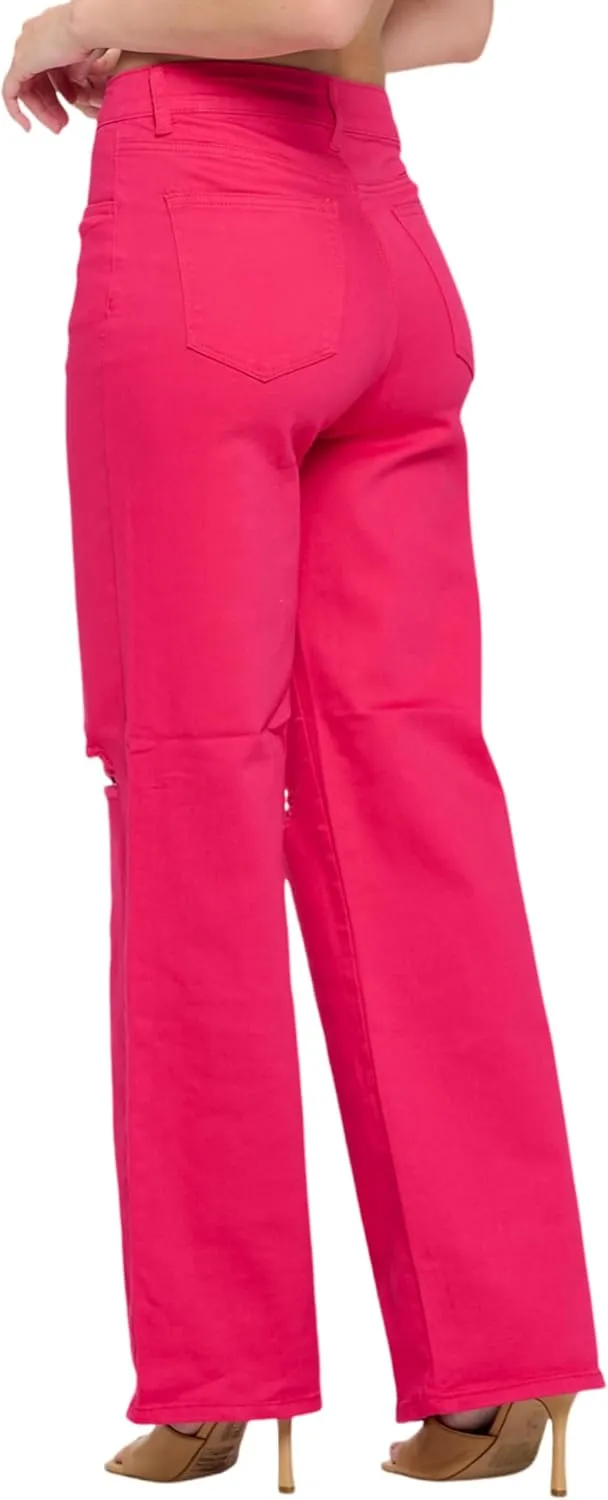 FASHION-LAND High Waisted-Rise Colored Jeans Ripped Destroyed Distressed Stretchy