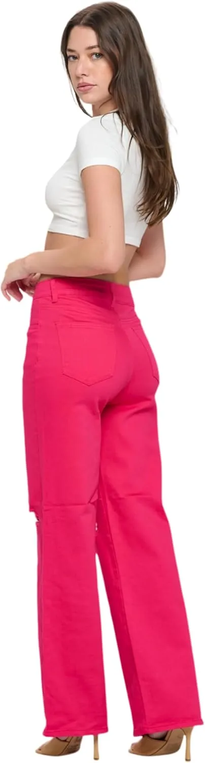 FASHION-LAND High Waisted-Rise Colored Jeans Ripped Destroyed Distressed Stretchy