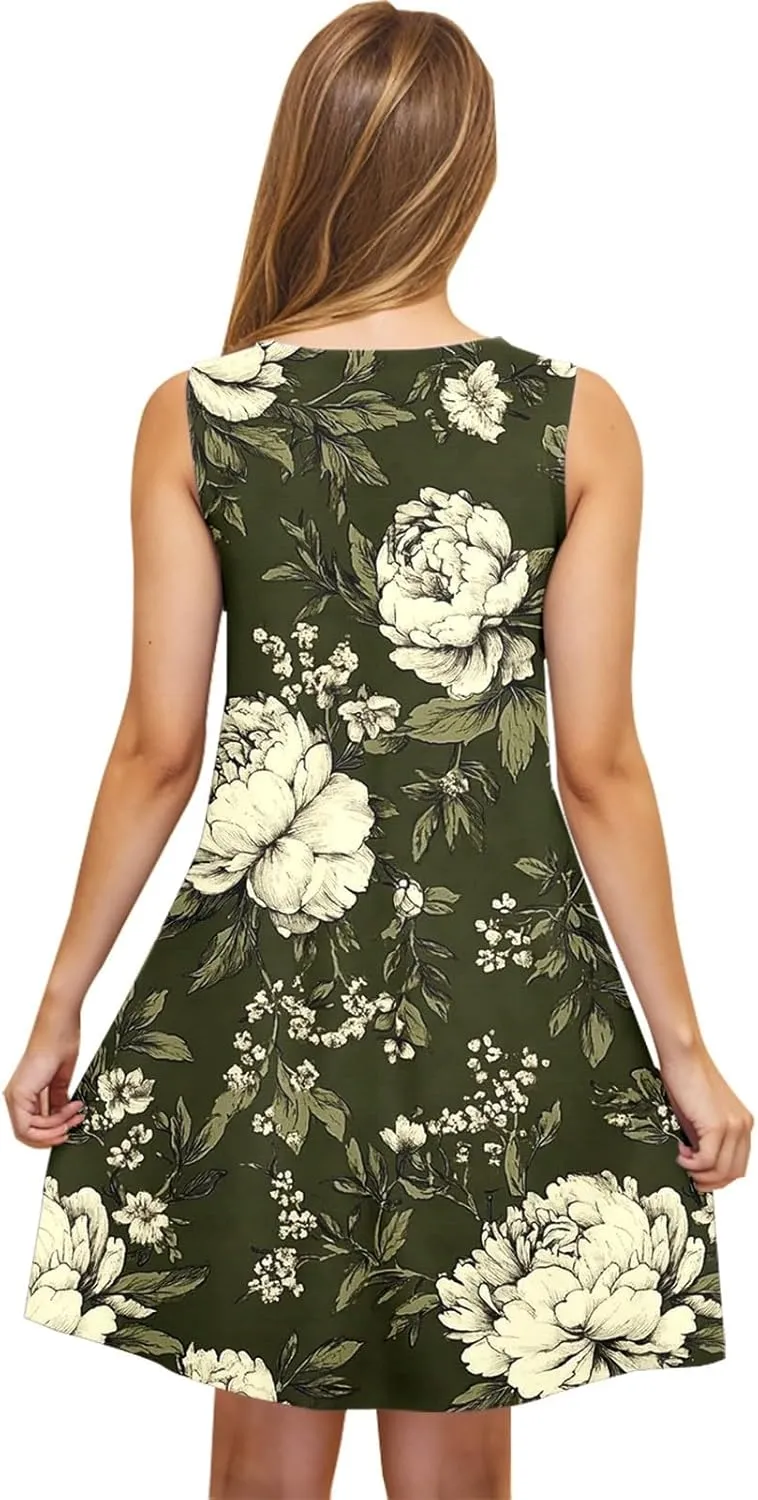 Floral Dresses for Women Summer Sleeveless Beach Dresses Casual Boho Flowy Party Dress Swing A-Line Sundress