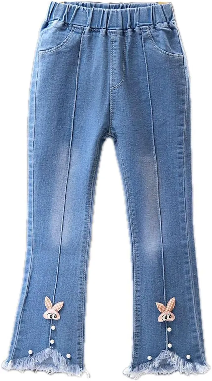 Girls Flare Jeans Elastic Waist Jeans Solid Stretchy Denim Pants