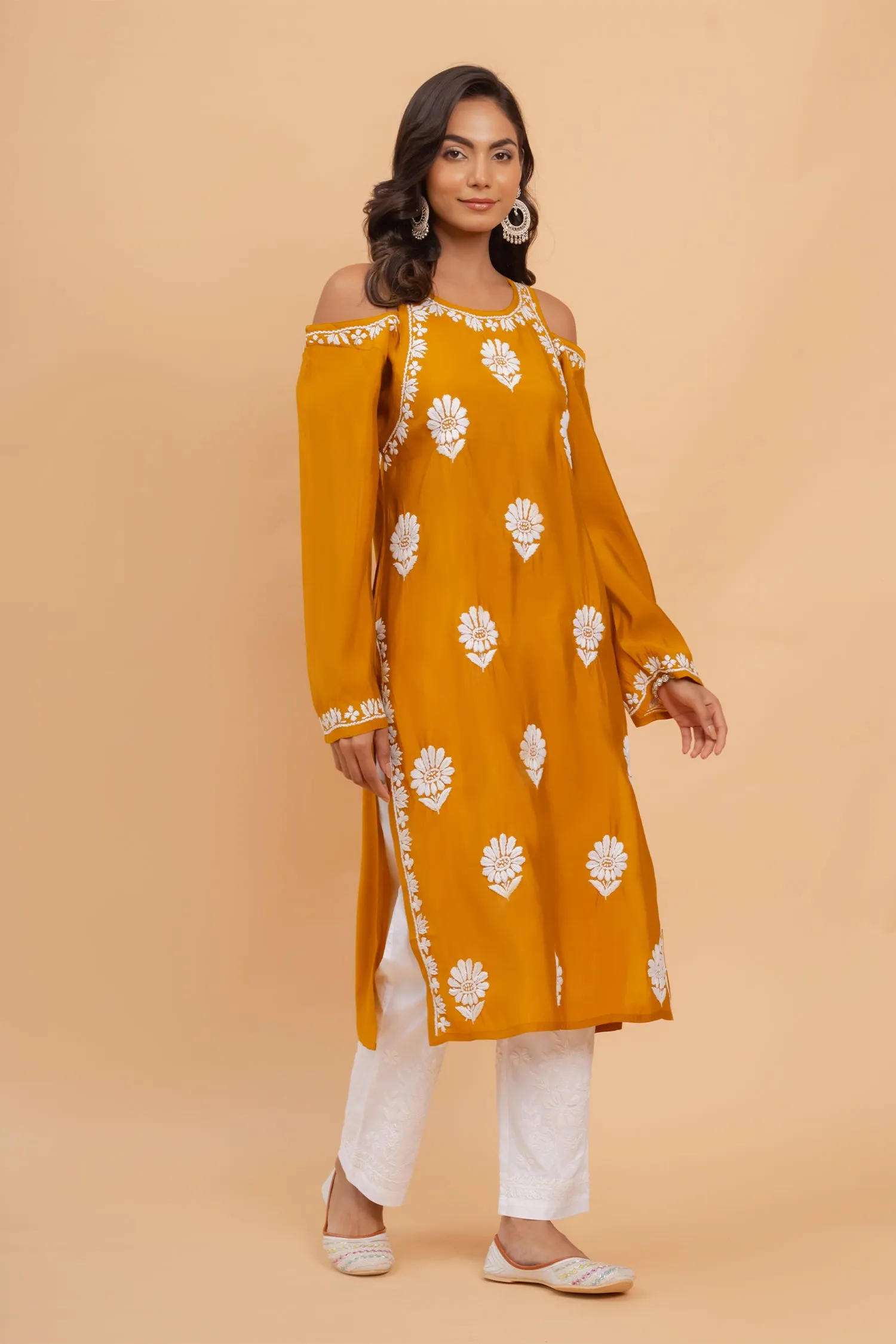 Himani in Saba Chikankari Long Kurta Shoulder Cut In Muslin - Mustard