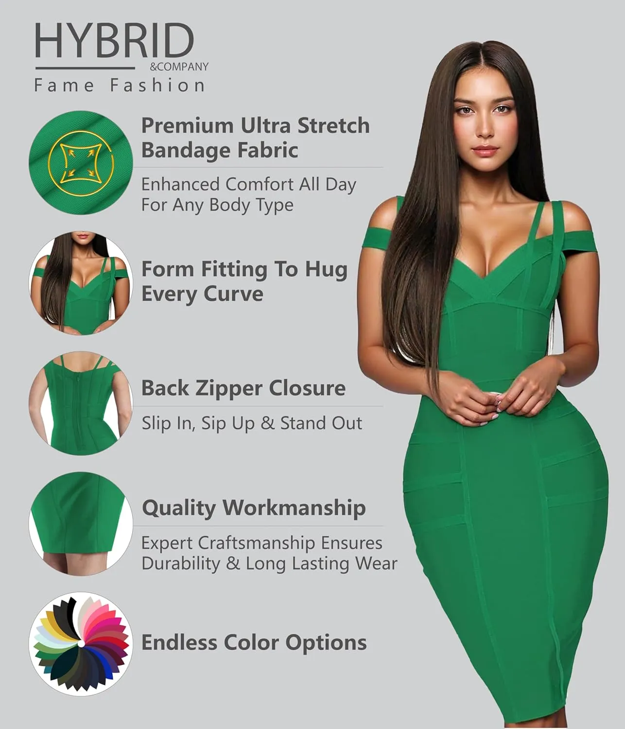 Hybrid & Company Womens Elegance V Neck Stretch Chic Bandage Dress