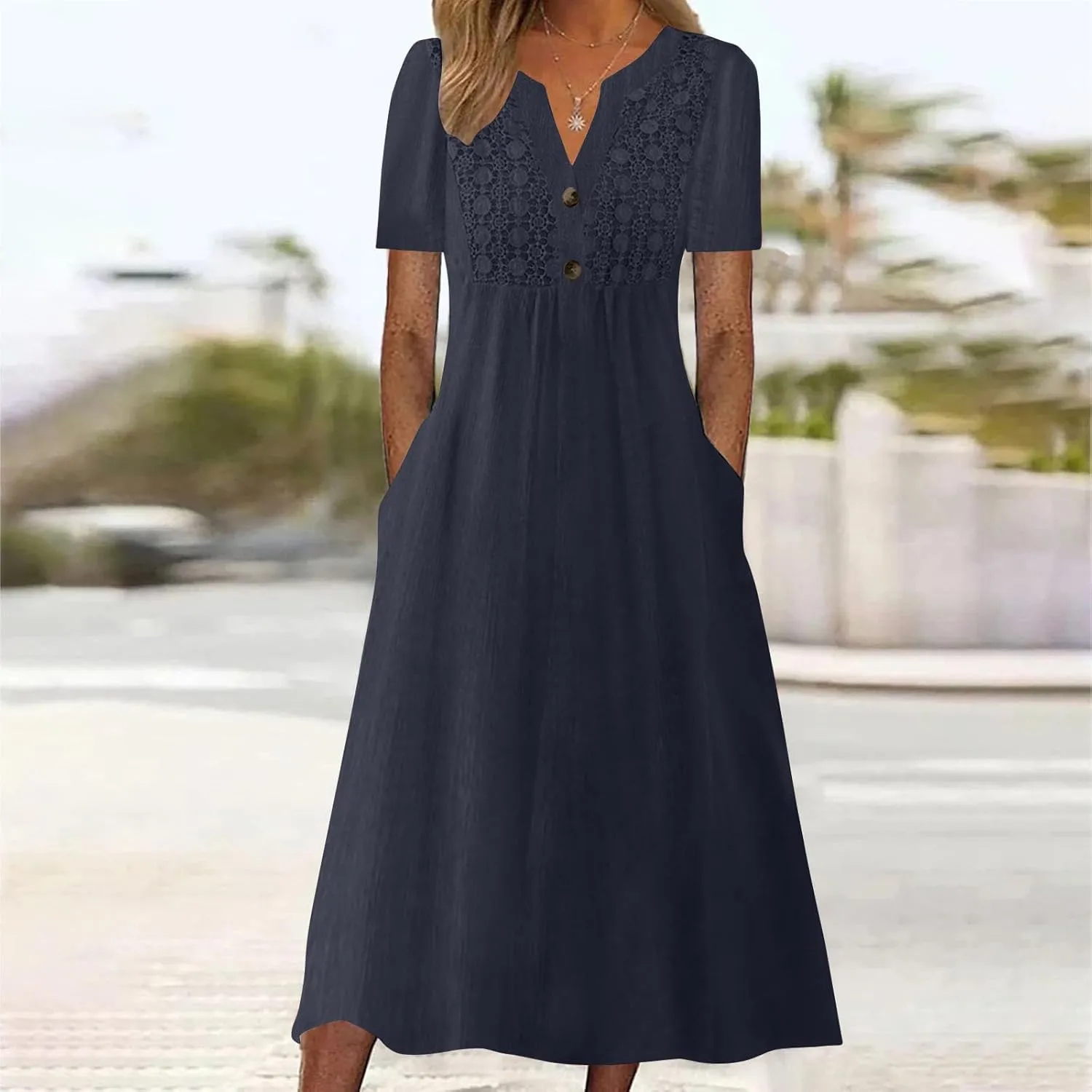LEMONONSTORE Crochet Lace Dress for Women Button V Neck Short Sleeve Summer Dresses Casual Loose Fit Lounge Vacation Clothes
