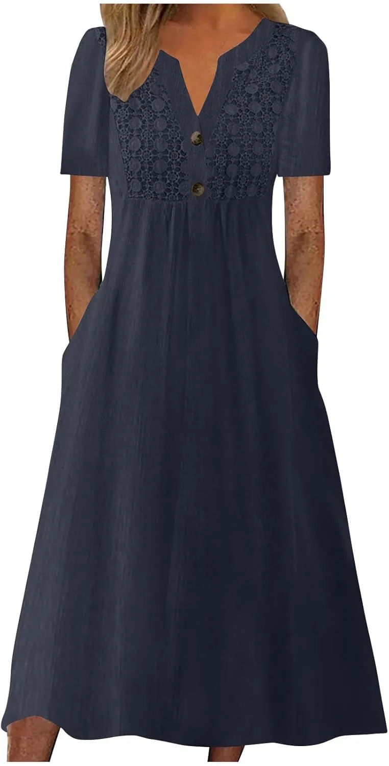 LEMONONSTORE Crochet Lace Dress for Women Button V Neck Short Sleeve Summer Dresses Casual Loose Fit Lounge Vacation Clothes