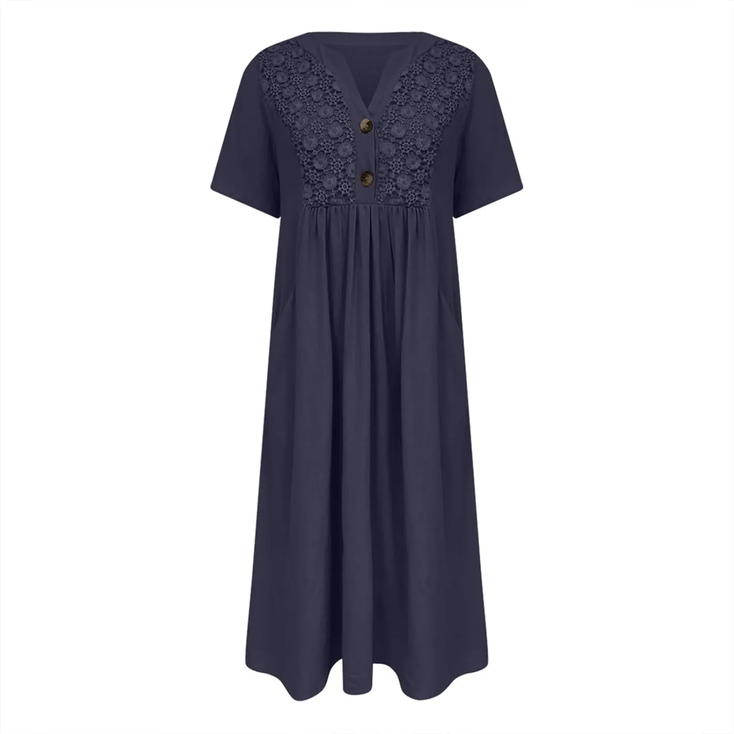 LEMONONSTORE Crochet Lace Dress for Women Button V Neck Short Sleeve Summer Dresses Casual Loose Fit Lounge Vacation Clothes