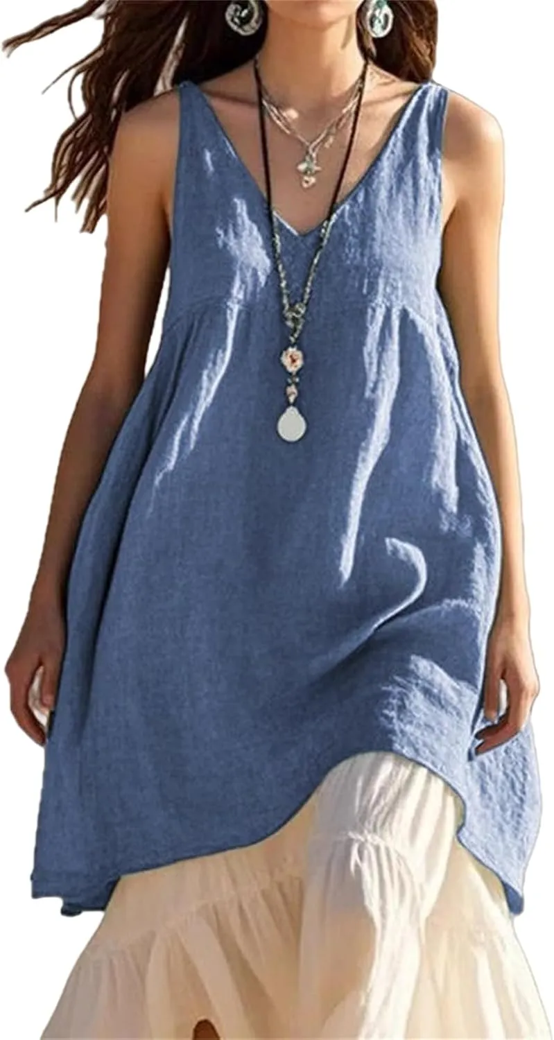 Linen Dresses for Women V Neck Sleeveless Beach Sundresses 2025 Summer Casual Loose Flowy Midi Dresses