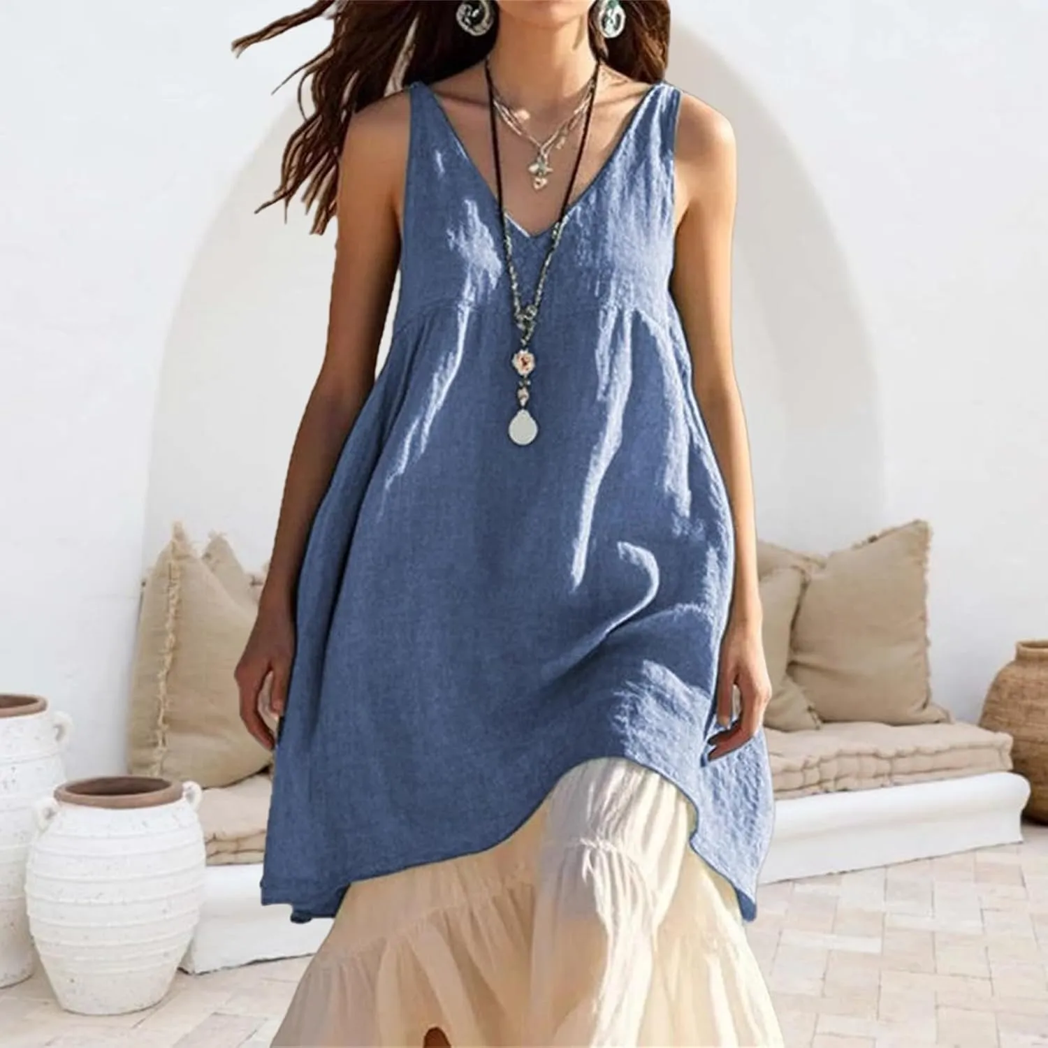 Linen Dresses for Women V Neck Sleeveless Beach Sundresses 2025 Summer Casual Loose Flowy Midi Dresses